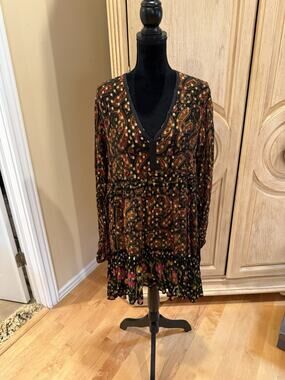 MISS JUNE ONE SIZE PAISLEY PRINT Sheer TIERED MINI DRESS V-neck boho Black